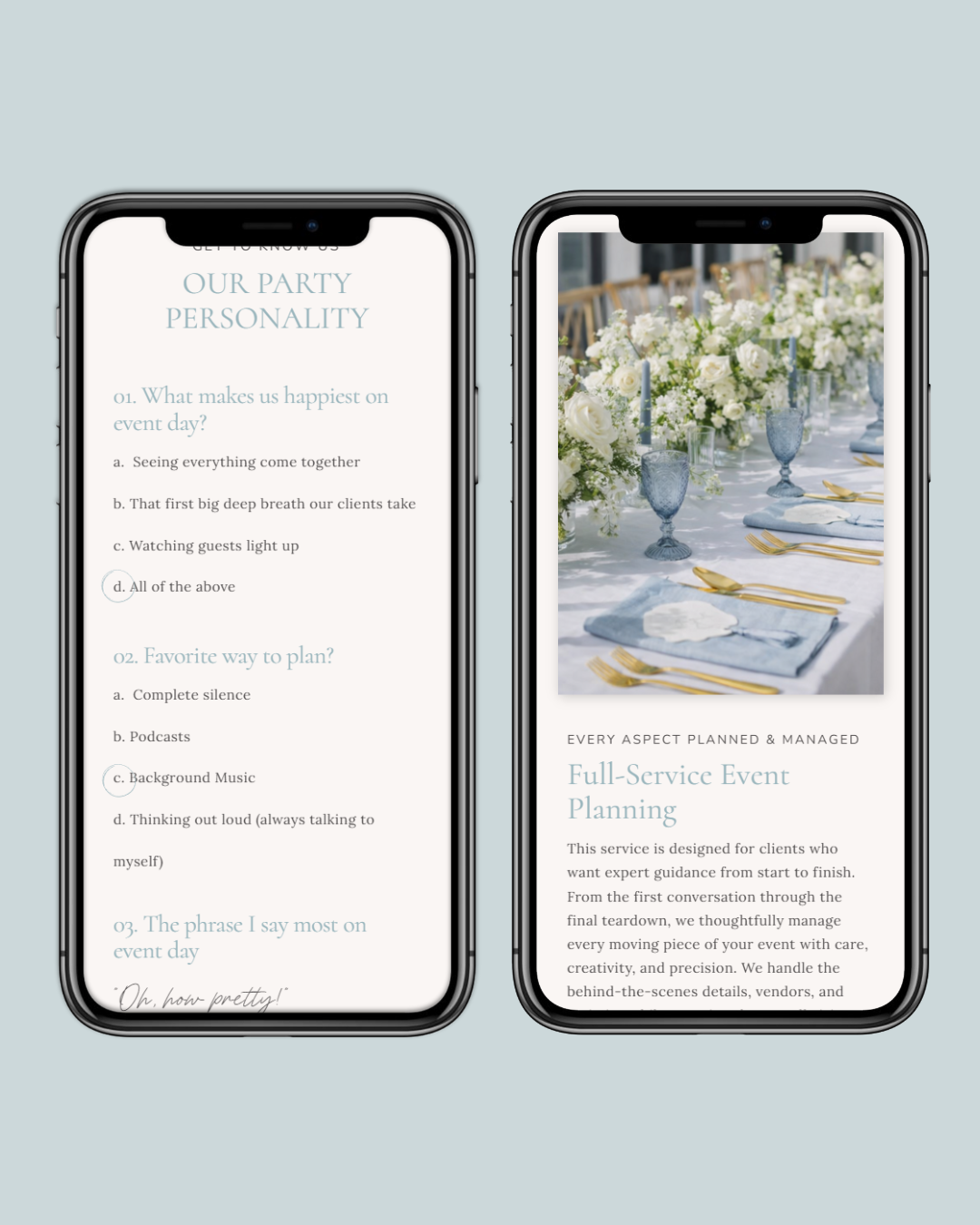 luxury light blue tablescape from event planner website template