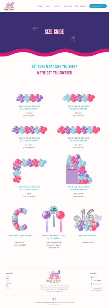 Balloon artist website, size guide page. Built by Daydream Sites.