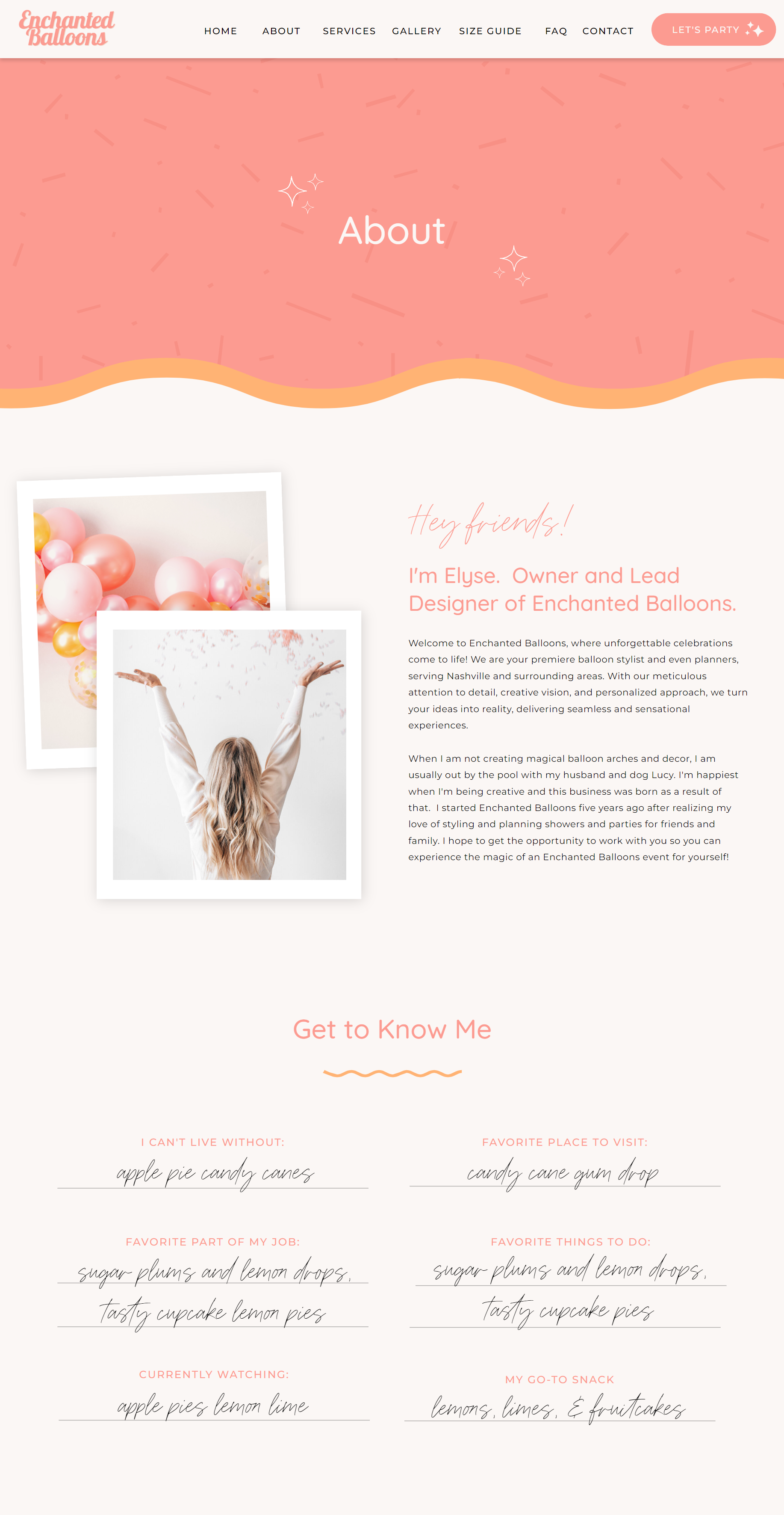 Fun, creative about page for a balloon artist or event planner website