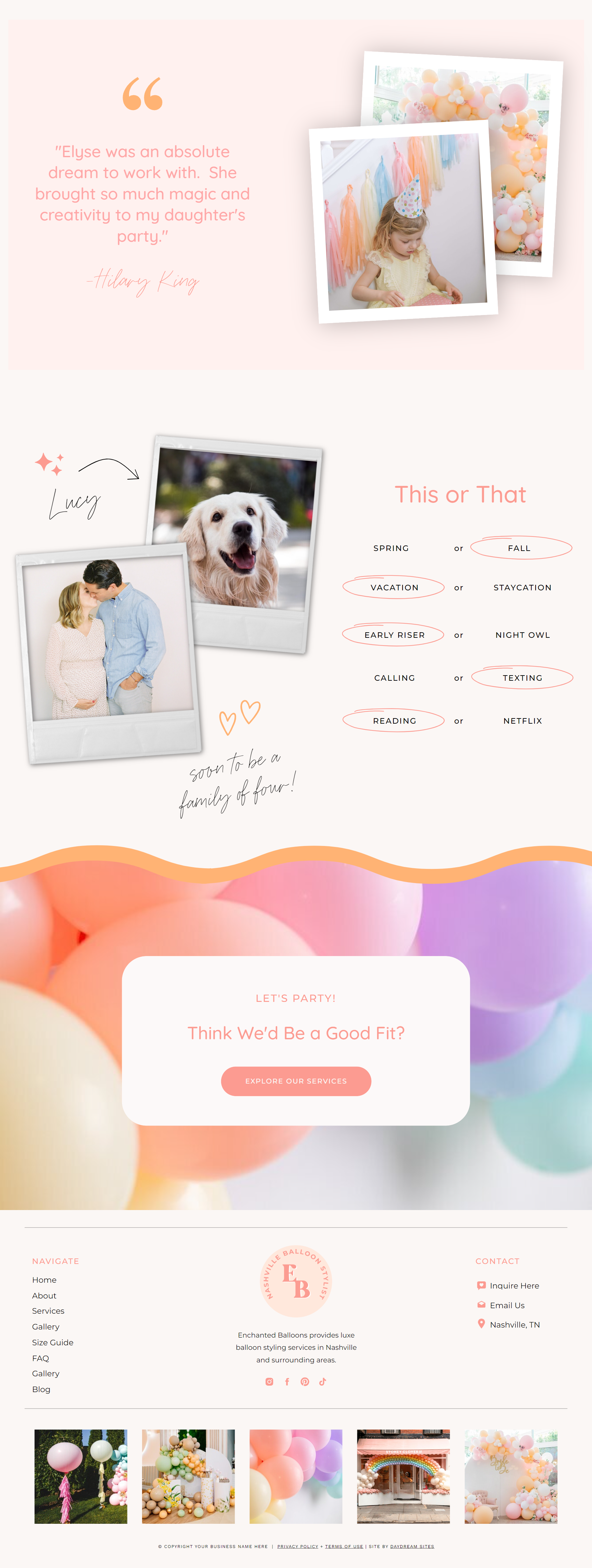 About page from a pink Showit balloon business website