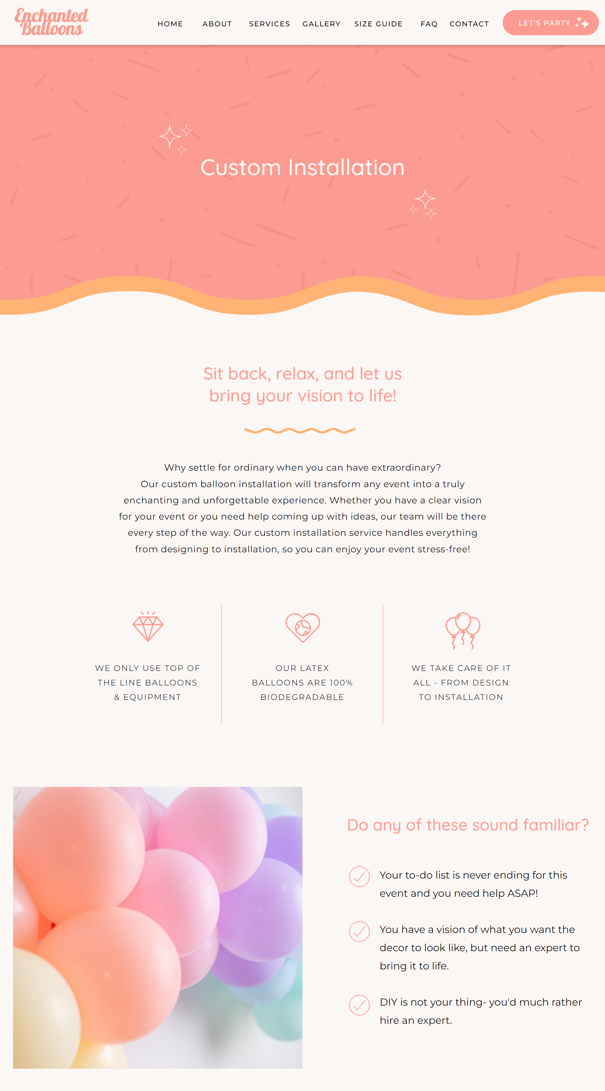 Custom installation services page from a balloon artist website template