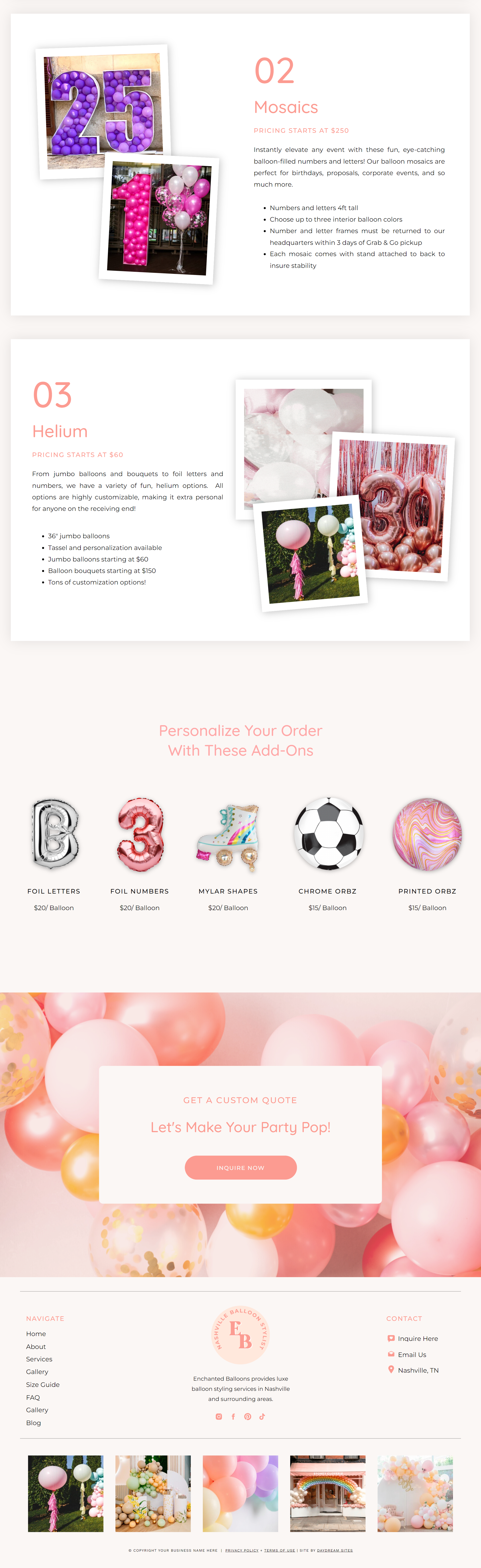 Grab and go page from a colorful balloon business website