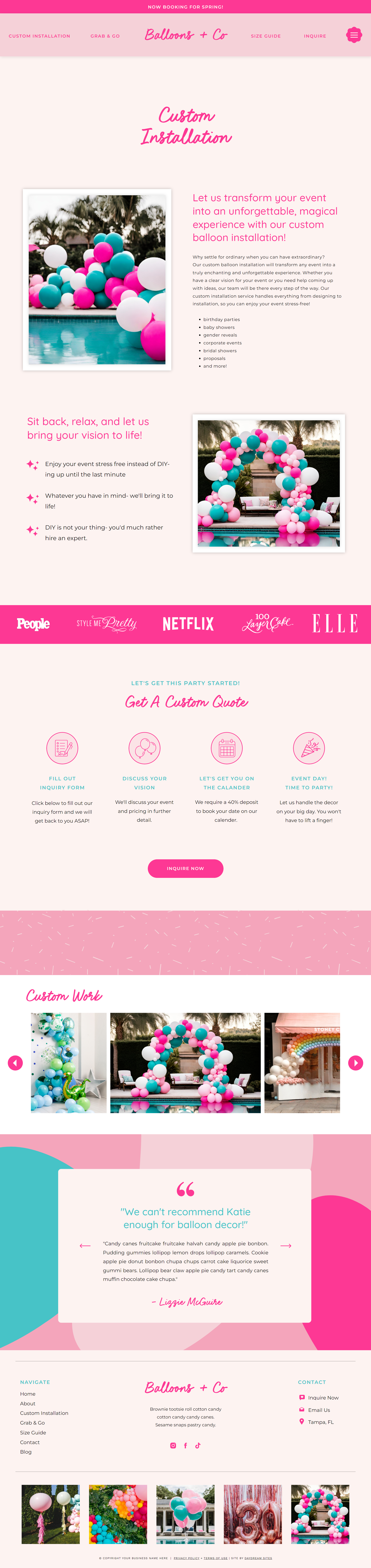 custom installation page from balloon artist website template
