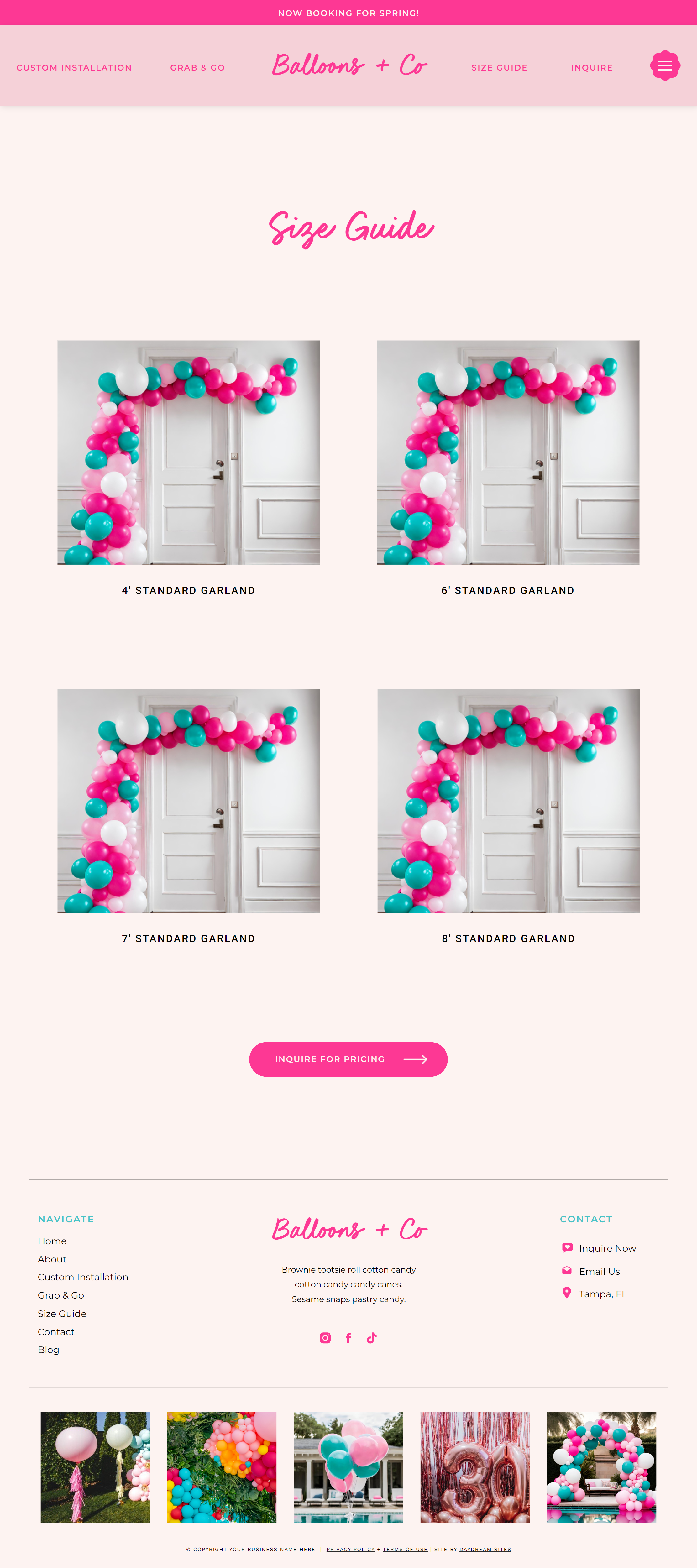 Balloon size guide page from a balloon artist website