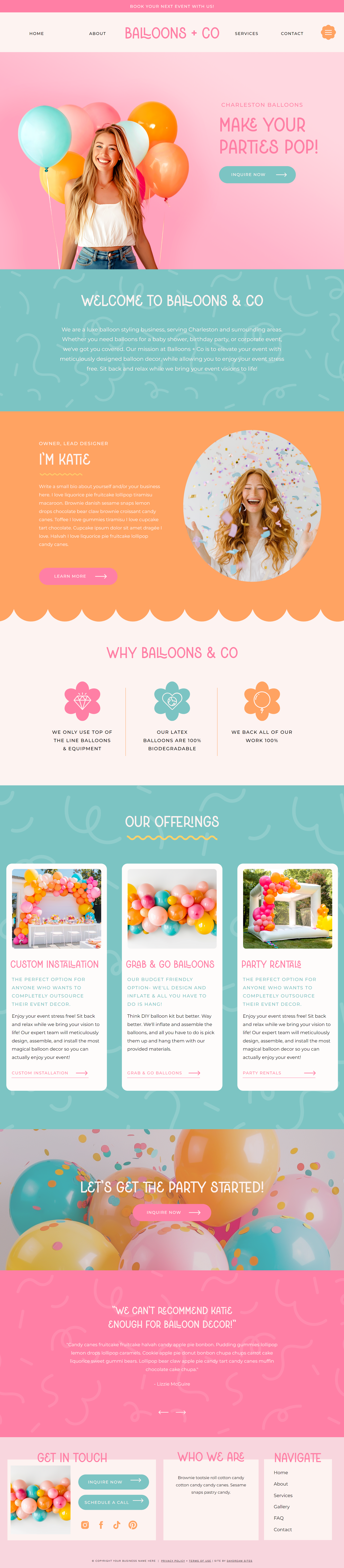 Colorful balloon stylist website built on Showit by Daydream Sites