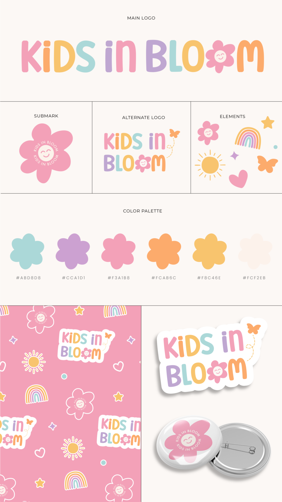 Playful, colorful logo and brand for childrens brand or business. Kids in Bloom is a Pediatric Occupational Therapy Business.