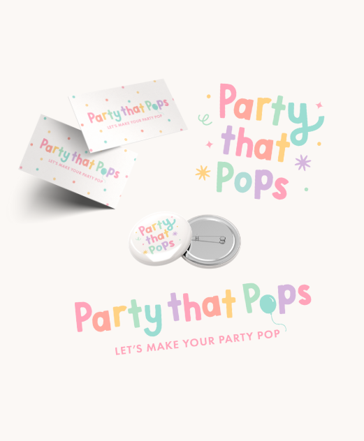Party that Pops brand collateral including business cards and buttons