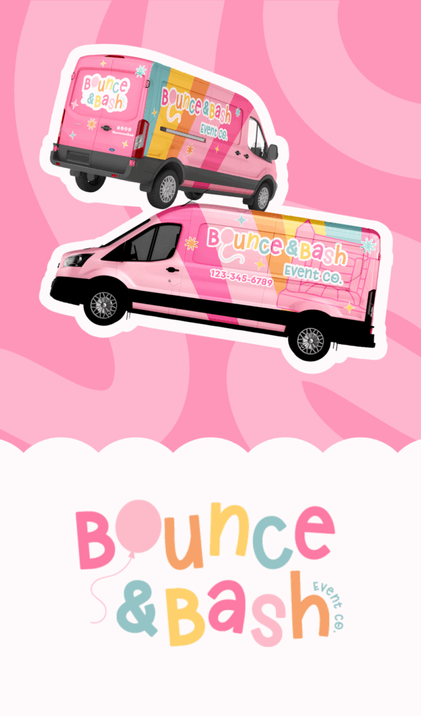 Bright, colorful, fun logo for balloon artist, bounce house rental, or party planner - colorful van wrap design with bounce house, balloons, and stars