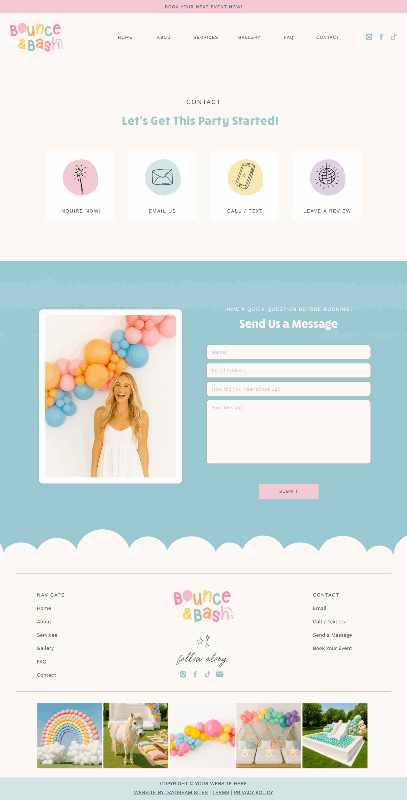 Event Planner website template contact page with inquiry, email and review links