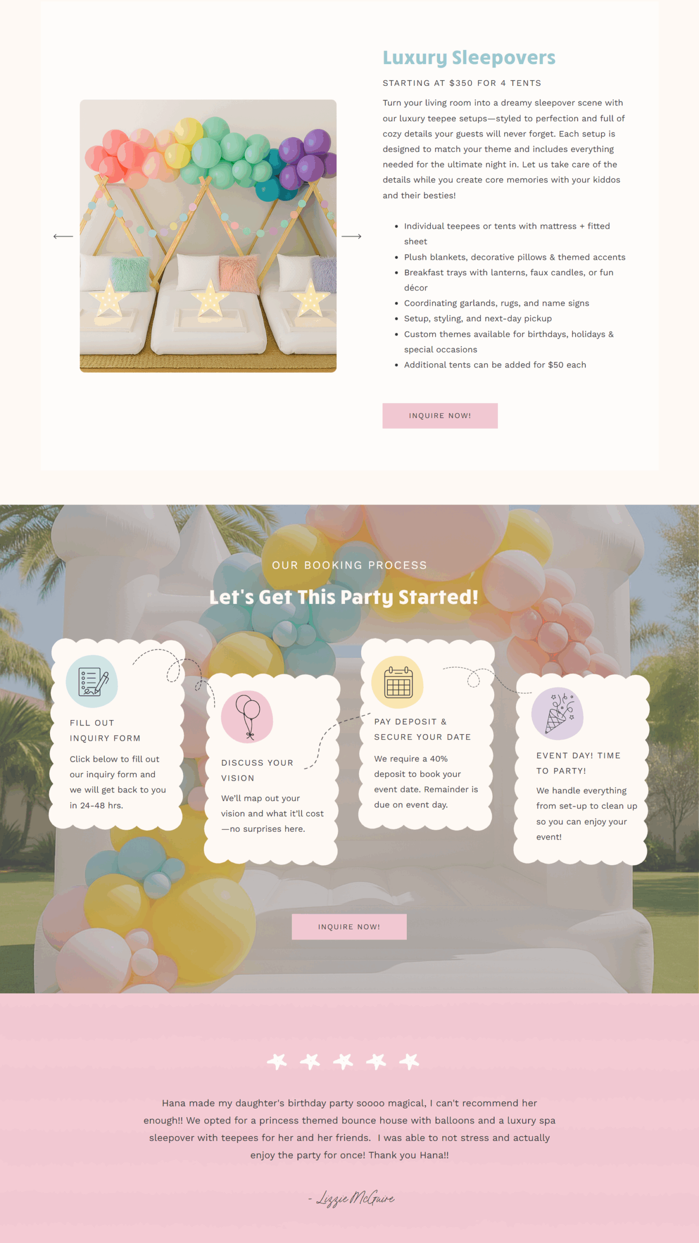 Event business website services section describing each package in plain, specific language