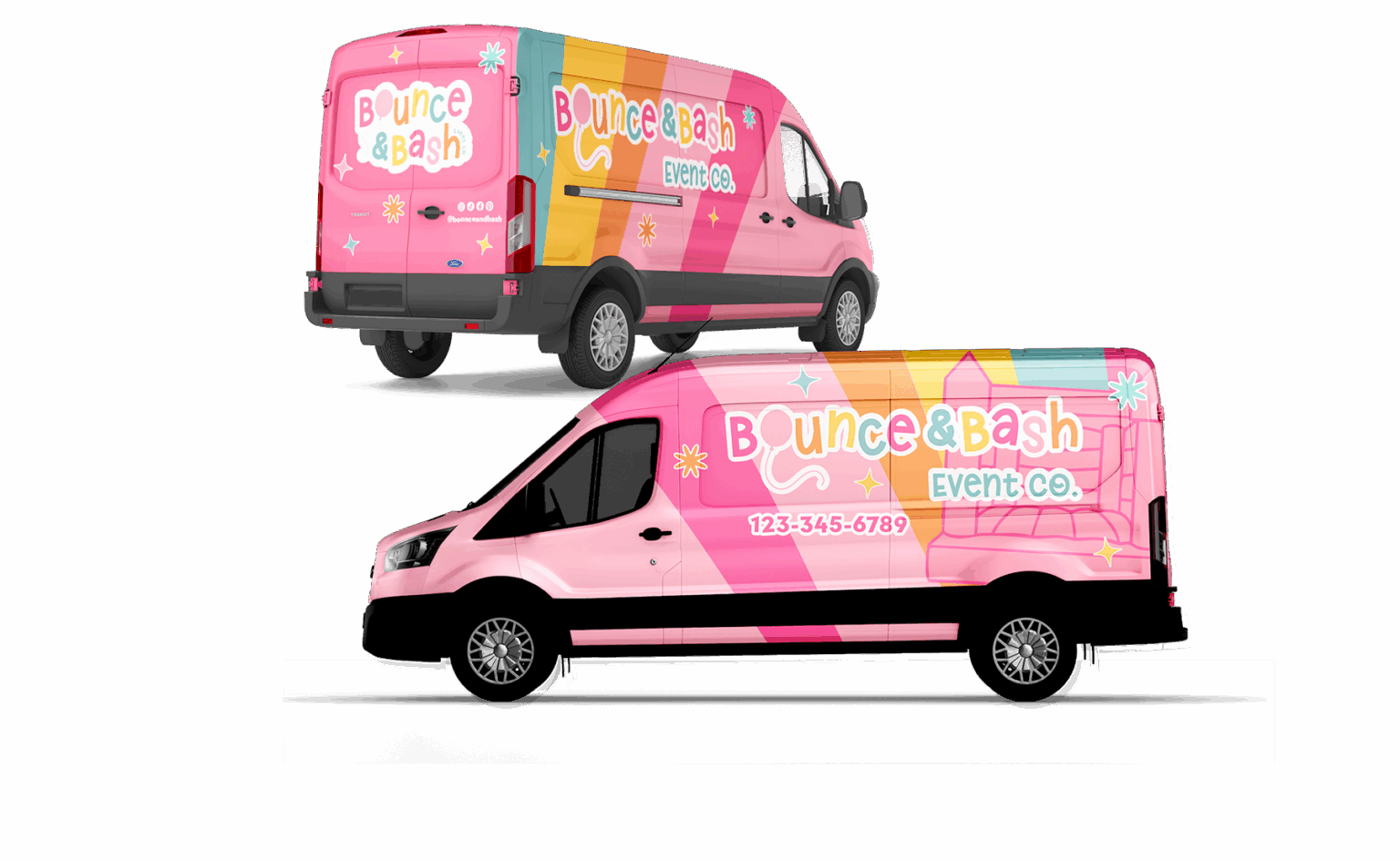 colorful van wrap design for party planner or balloon artist - pink, teal, yellow, orange bounce house and stars