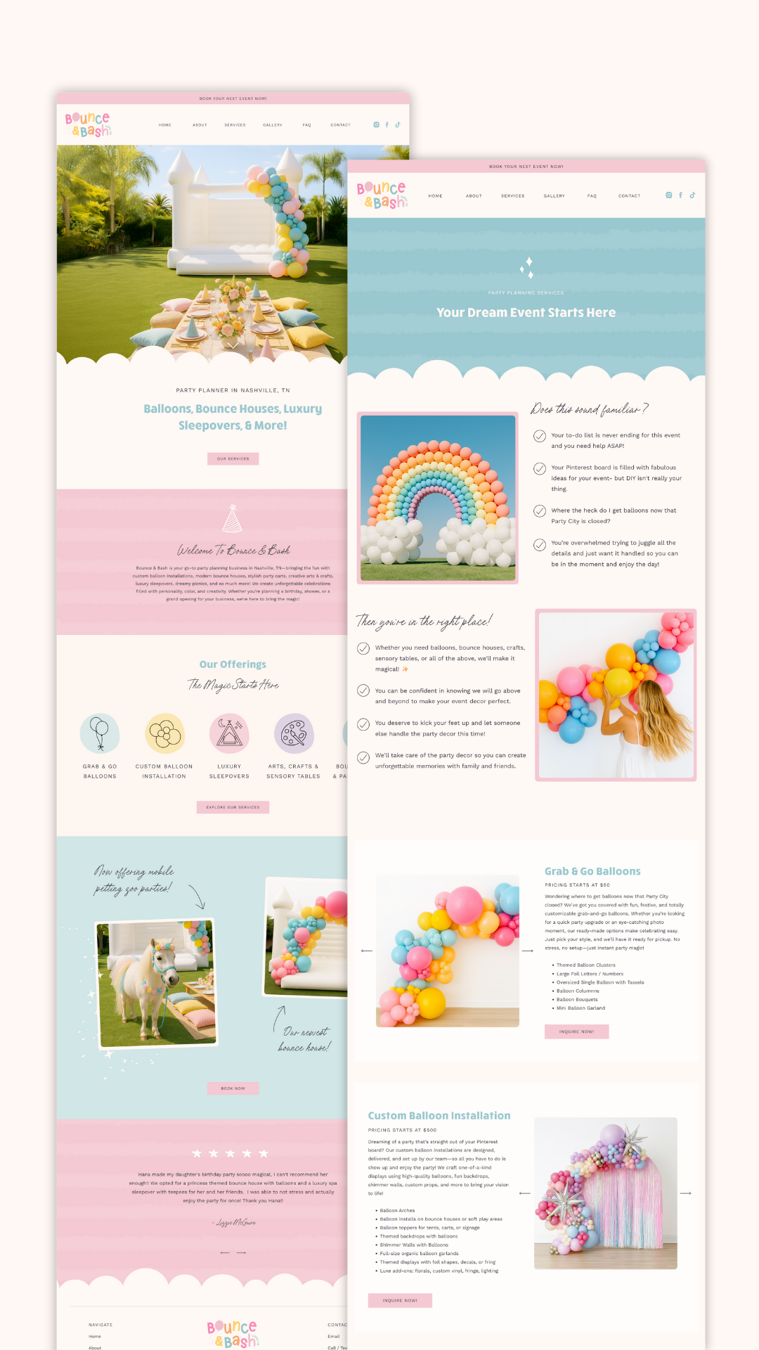 Playful pastel Party Planner website template home page for event vendors