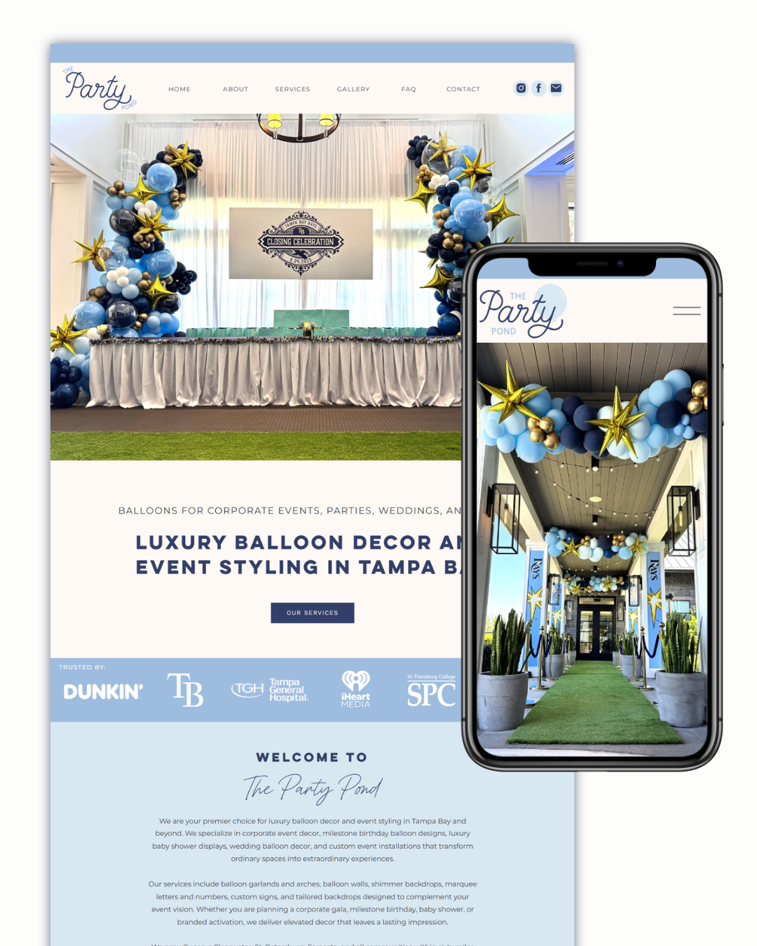 Tampa party planner website by Daydream Sites - Home page showcases luxury balloon decor for Tampa Rays Event