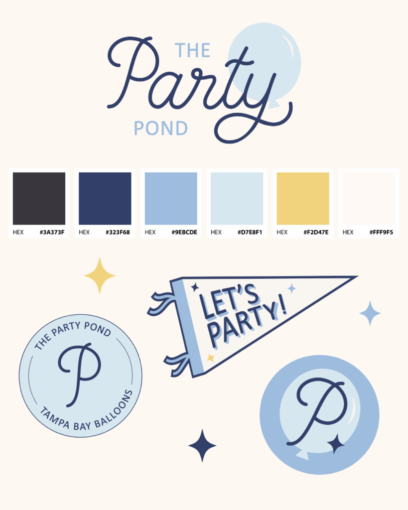 fun party planner branding with shades of blue and yellow