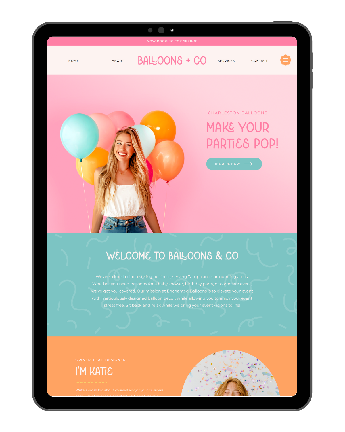 Balloon artist website template preview shown on a tablet