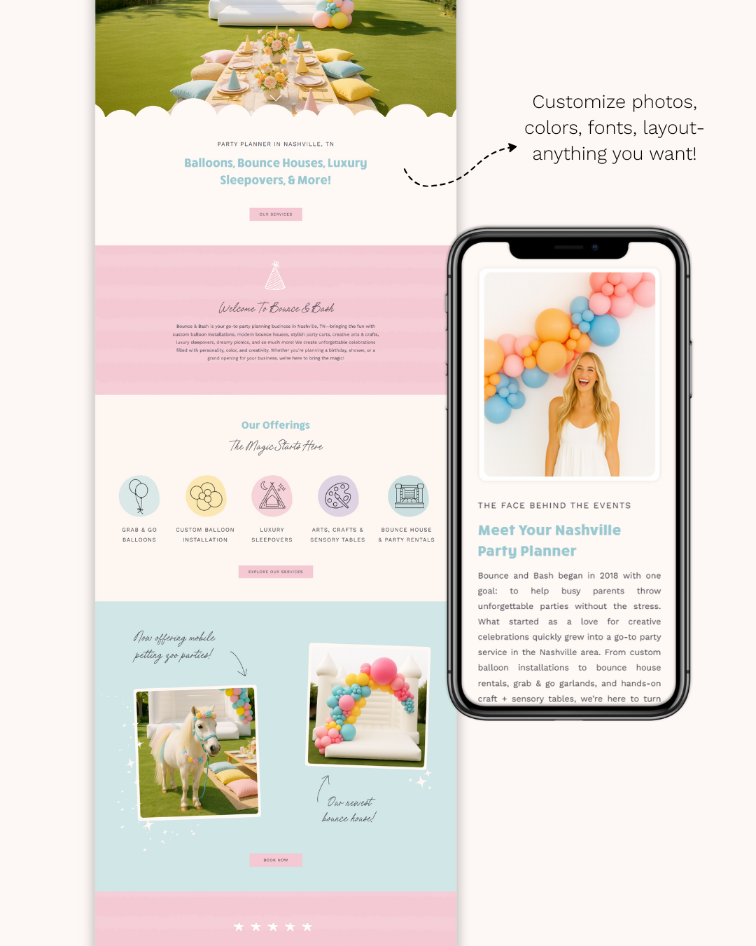 Pastel party planner website template with customizable photos, fonts and colors