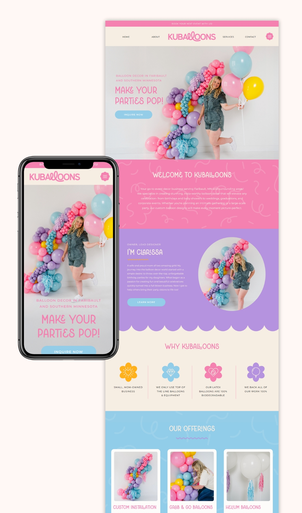 The Best Balloon Artist Website Templates to Grow Your Business 7 Bright and Happy template customized for KU Balloons, shown on a tablet and phone