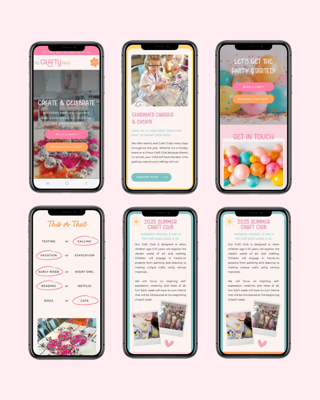 Mobile pages of a party planner website template including testimonials
