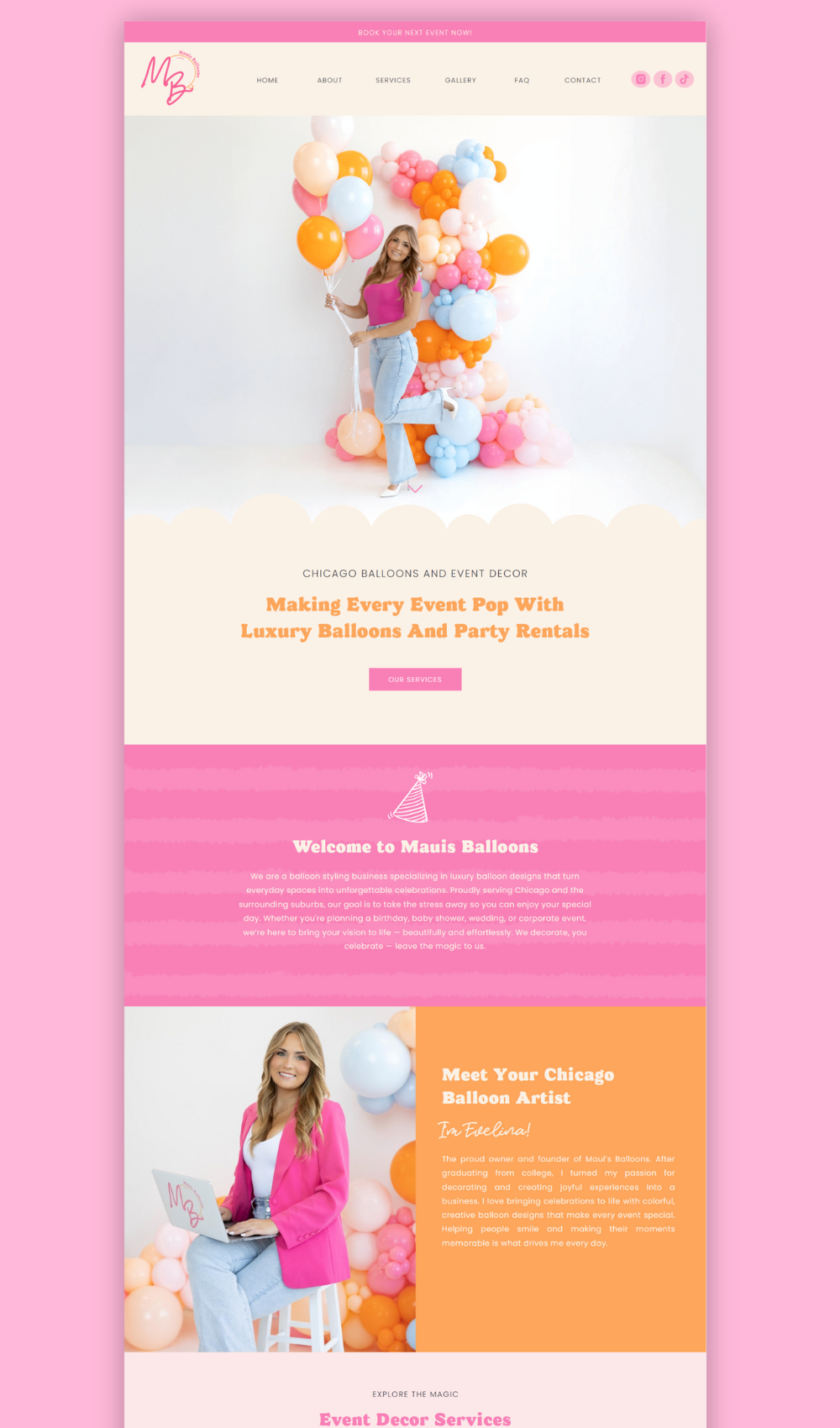 Pink, feminine balloon artist website built on Showit