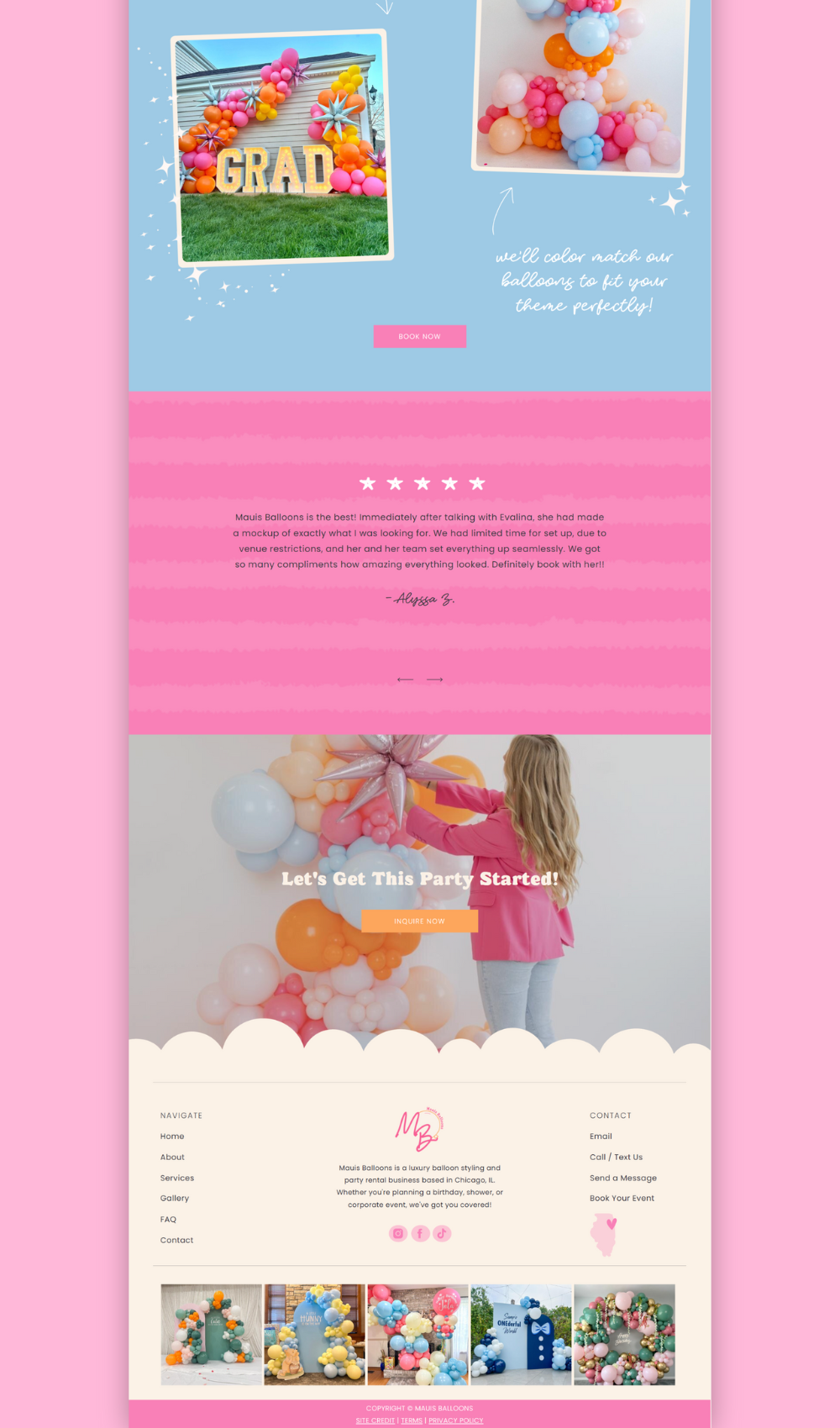 Balloon business website template shown in bright pink and blue