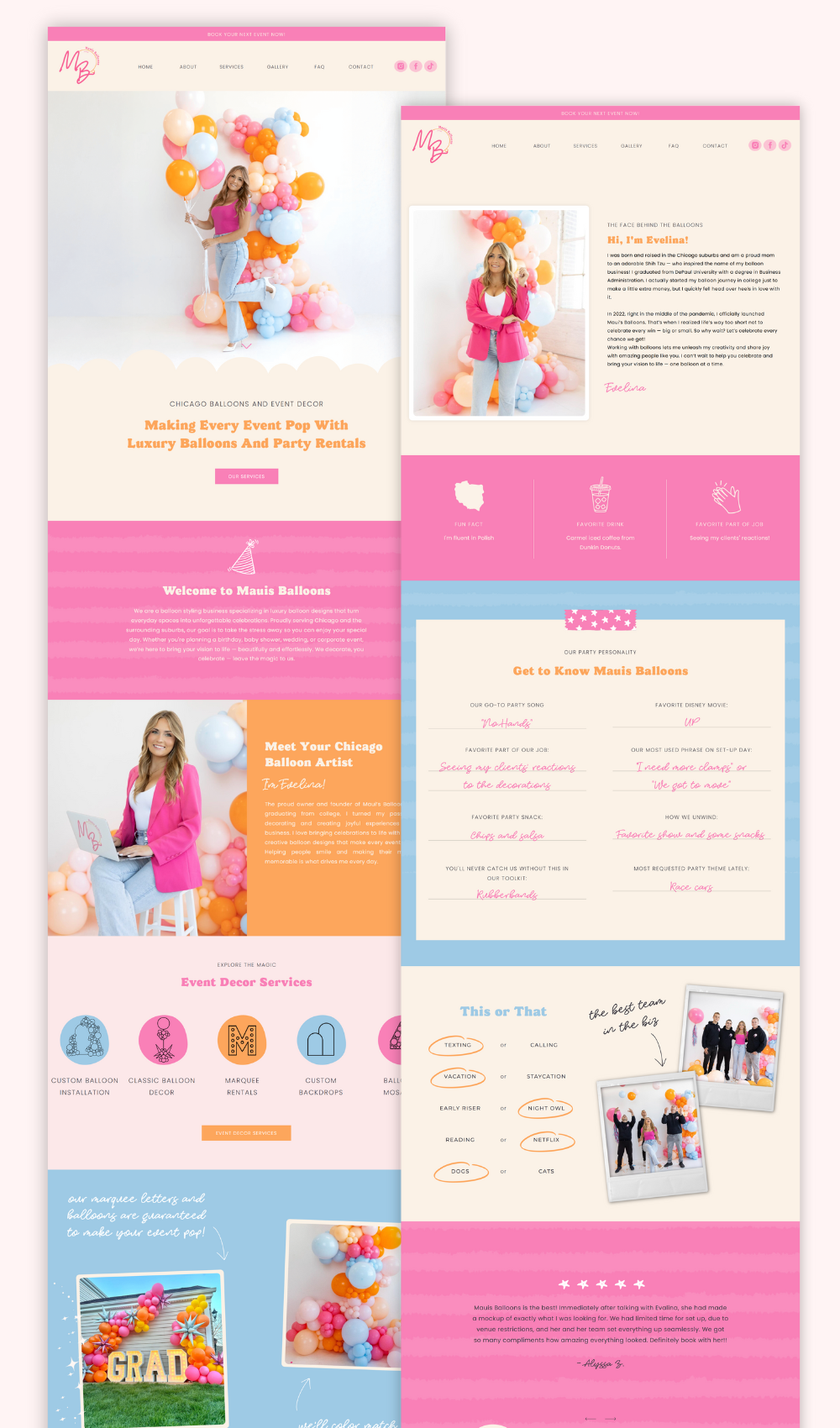 Pink balloon artist website template pages