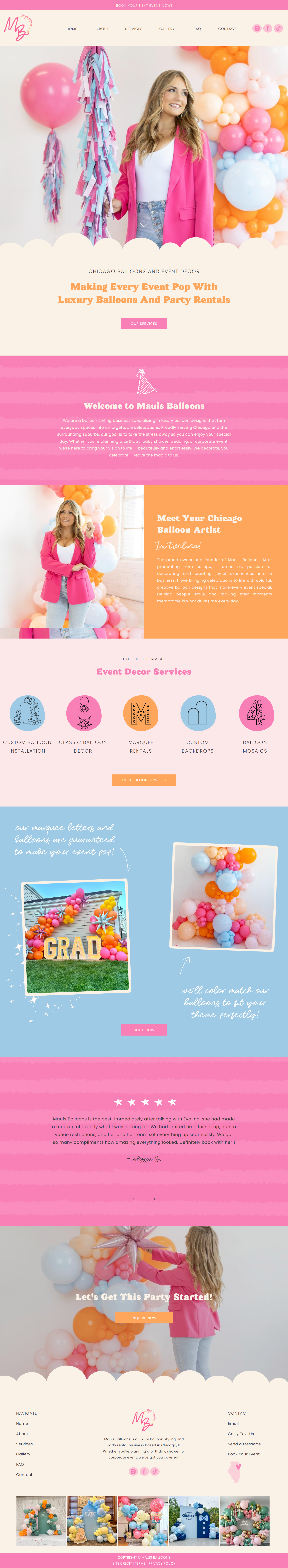 Pink Showit website home page for a balloon artist or party planner