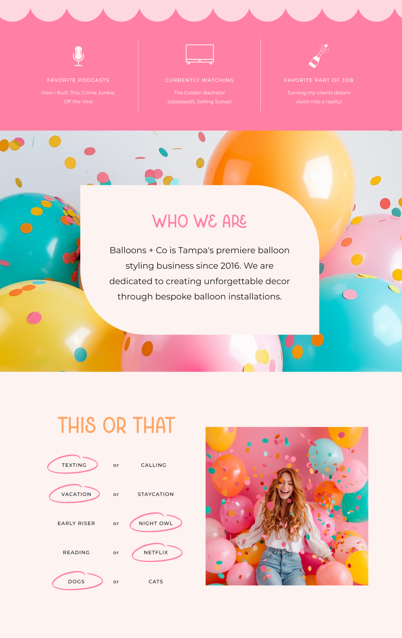 About page from the Bright and Happy Showit template for balloon artists, written to support balloon business SEO