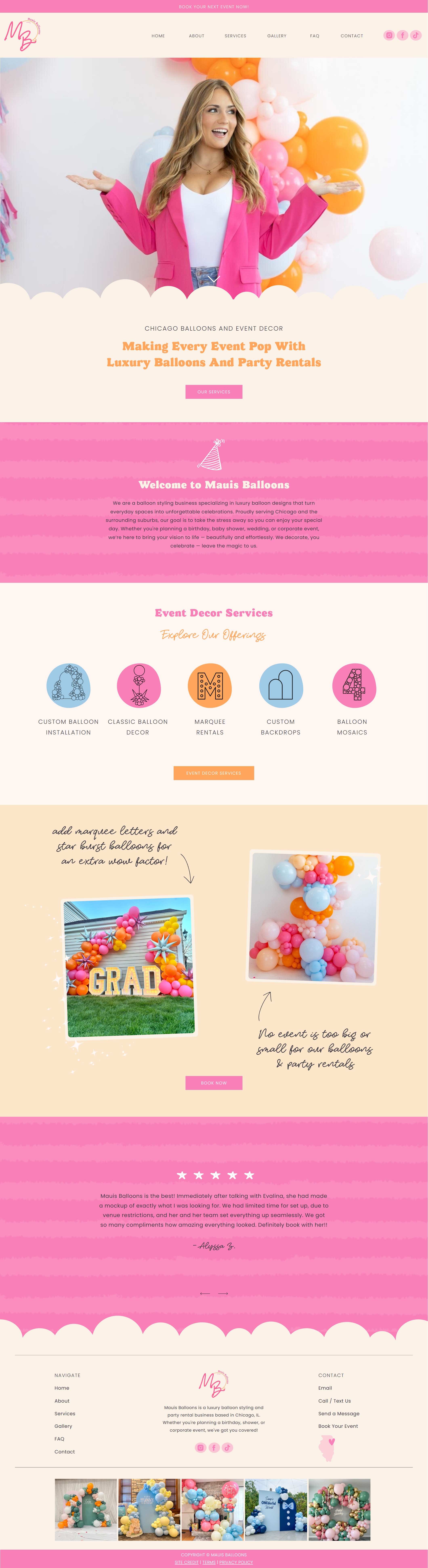 Pink, creative balloon business website built on Showit