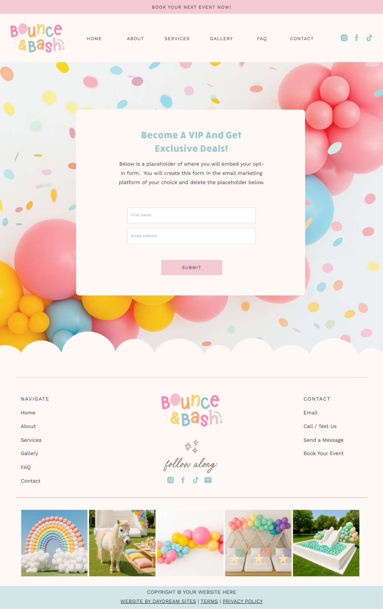 The Party Planner Showit website template homepage, built with balloon business SEO structure in mind