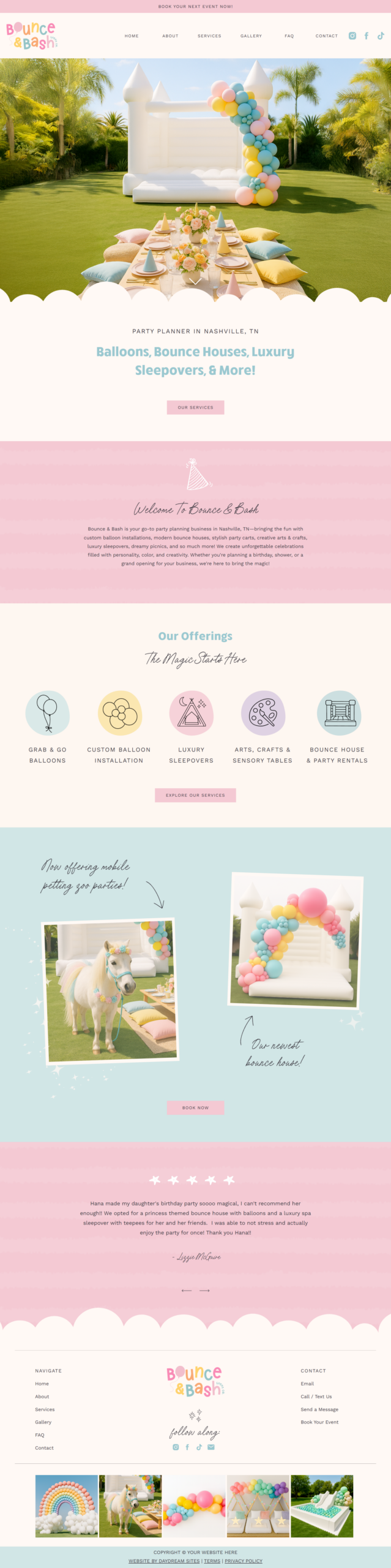 Inner page design in the Party Planner Showit template for a soft play rental business website