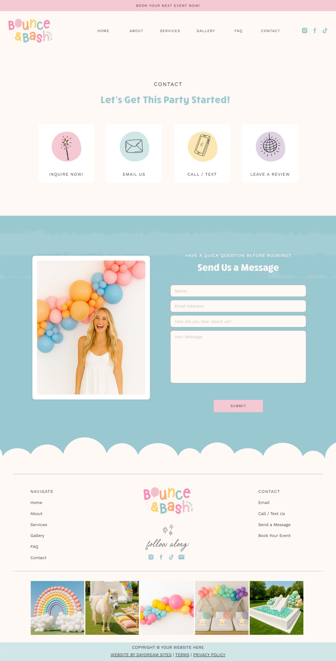 Balloon artist website template built on Showit -- services page layout by Daydream Sites