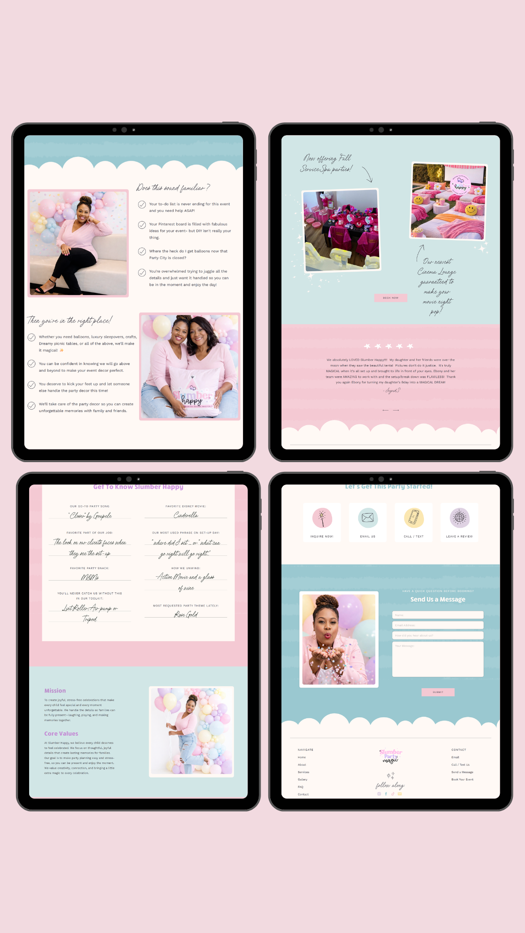 luxury sleepover slumber party website homepage design mockup