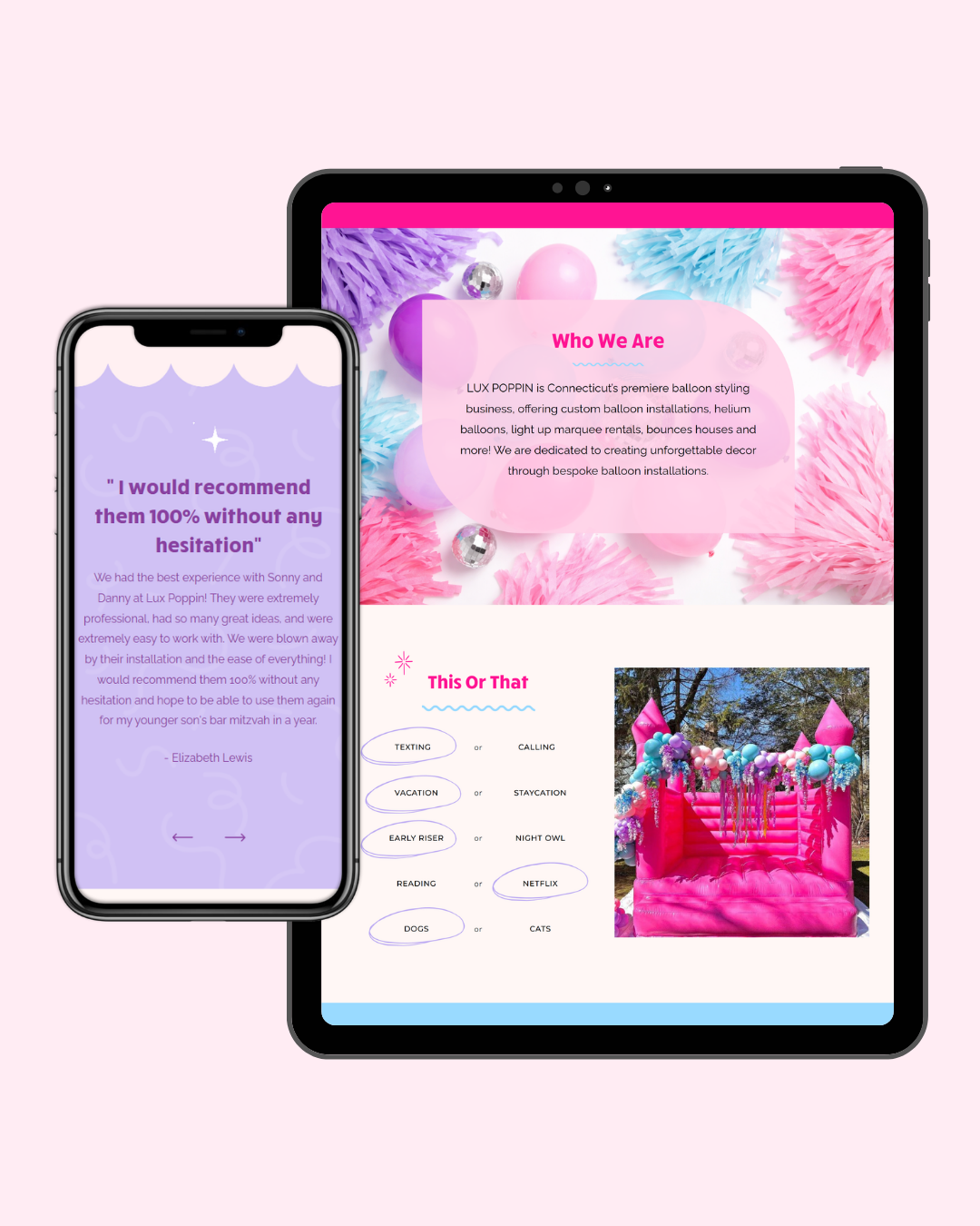 Lux Poppin balloon artist website about page on tablet and mobile - Website in a Week by Daydream Sites