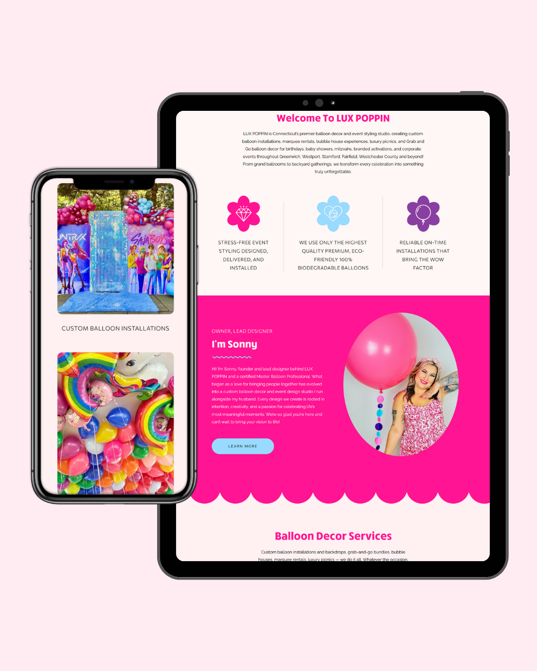 Inside the Lux Poppin Website Launch: Bold Web Design for a Balloon Artist 4 Lux Poppin balloon decor services page shown on a tablet, Website in a Week by Daydream Sites