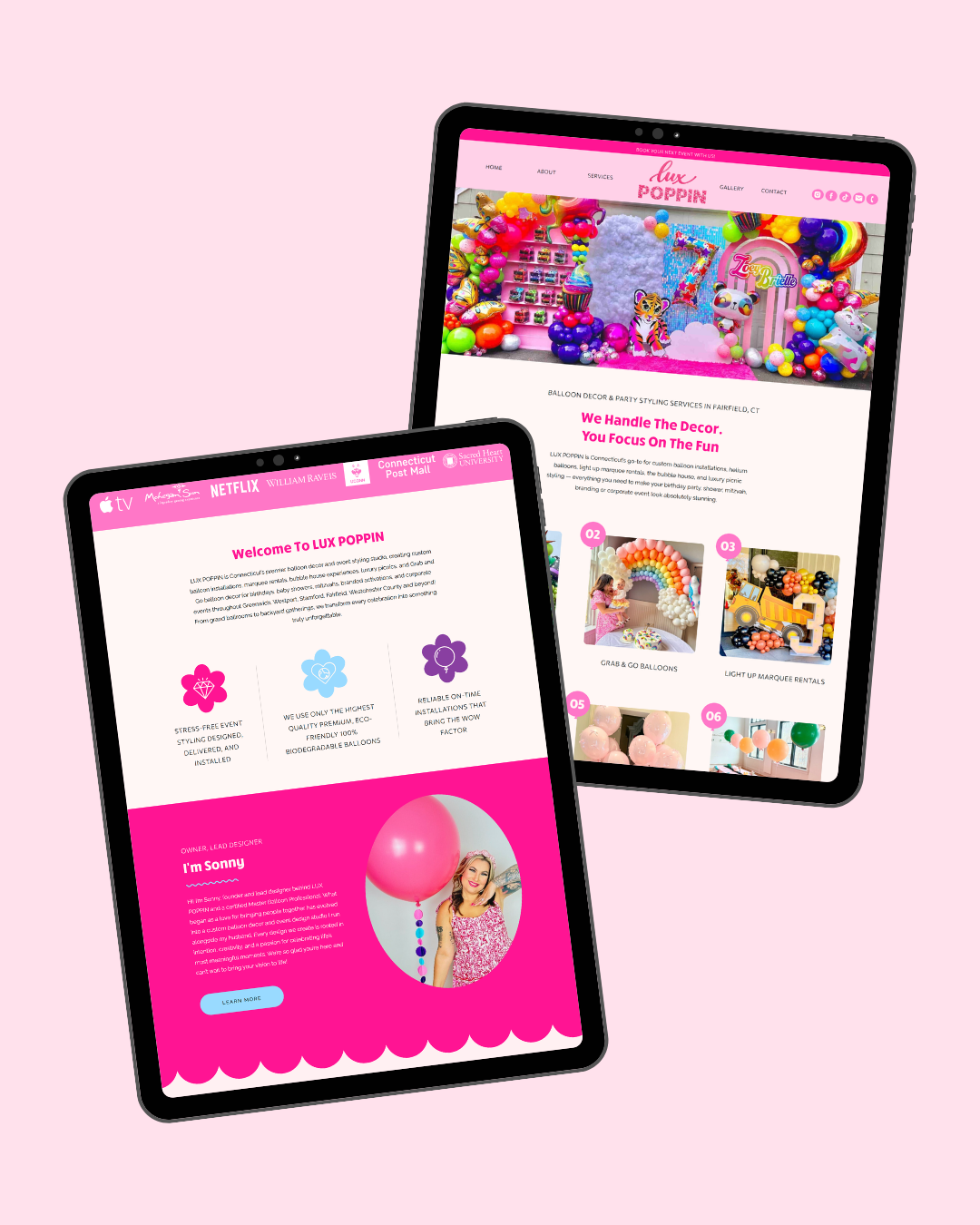 Lux Poppin balloon artist website shown on two tablets - Website in a Week by Daydream Sites