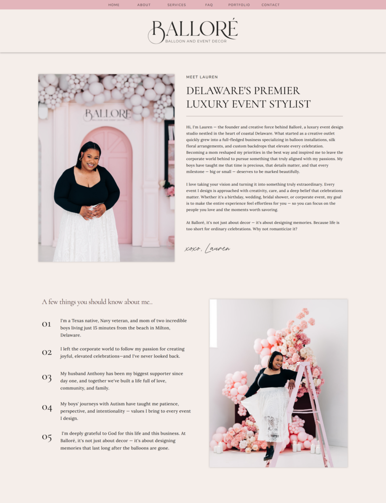 Balloré About page on the new Showit website introducing Lauren as a luxury event stylist