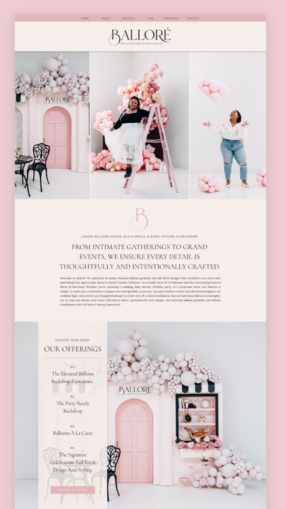 Balloré services and gallery section showing custom balloon and floral work