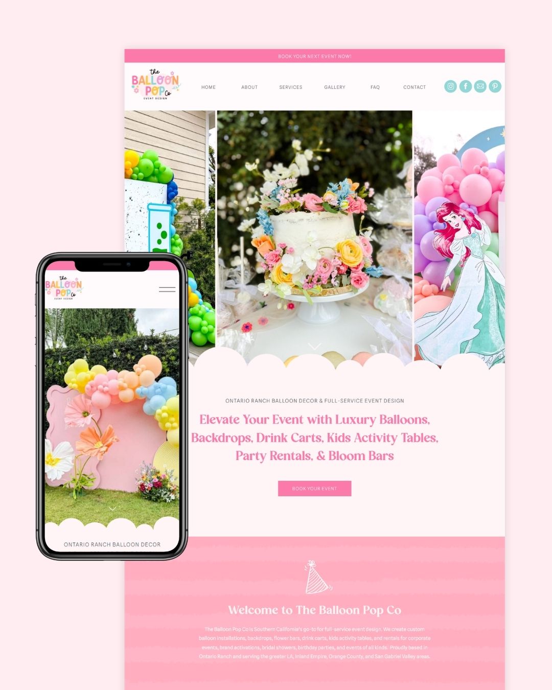 Party Planner template customized for a balloon business, shown on a phone and laptop
