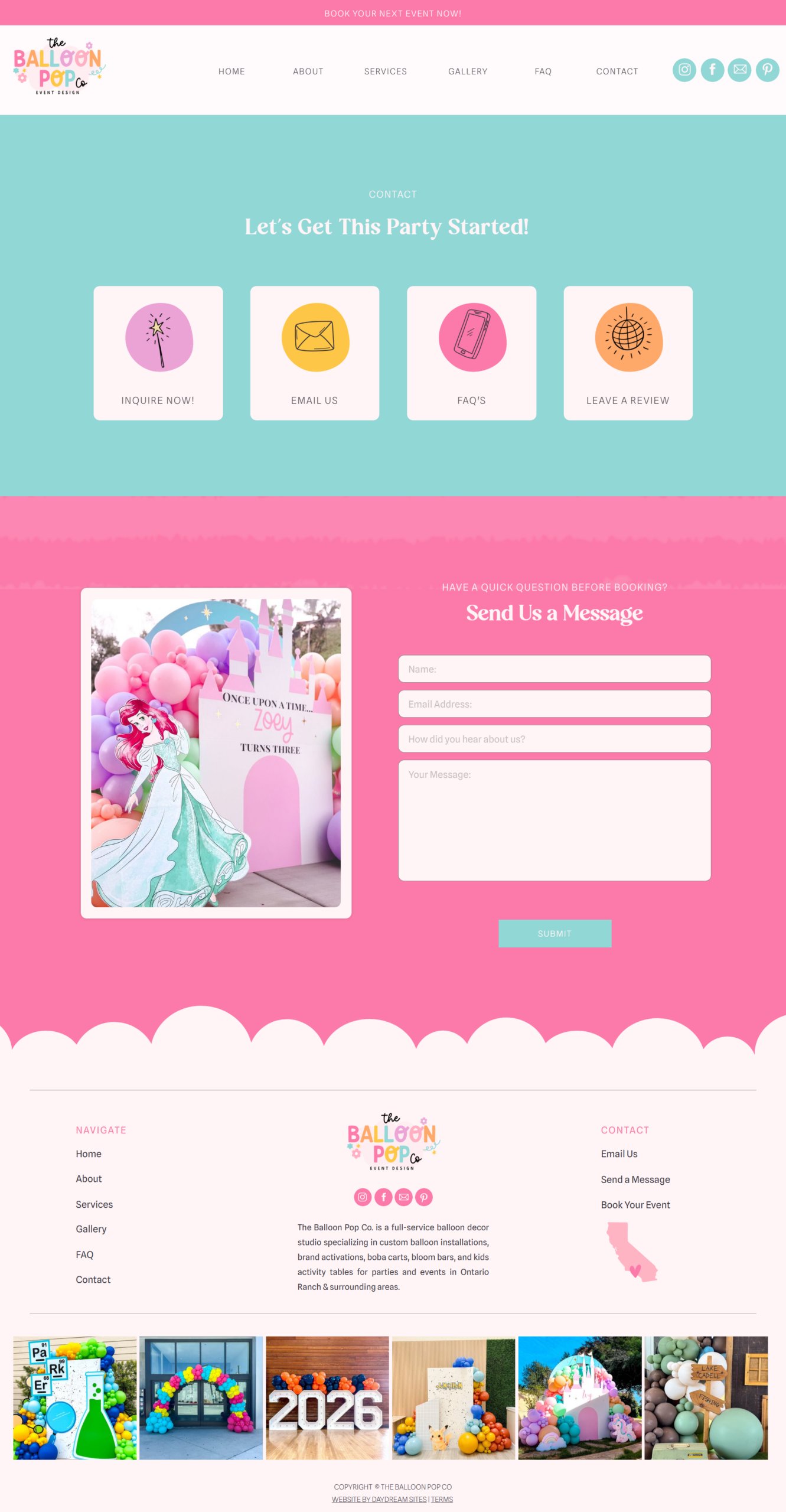 Balloon business website contact page designed to turn visitors into client inquiries
