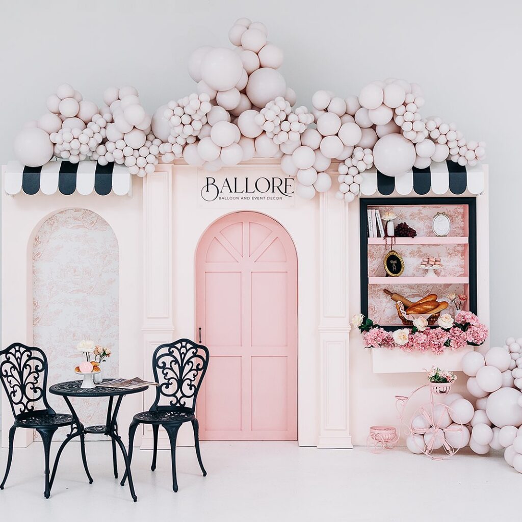 Luxury pink balloon and event decor storefront styled by an event planner for corporate clients