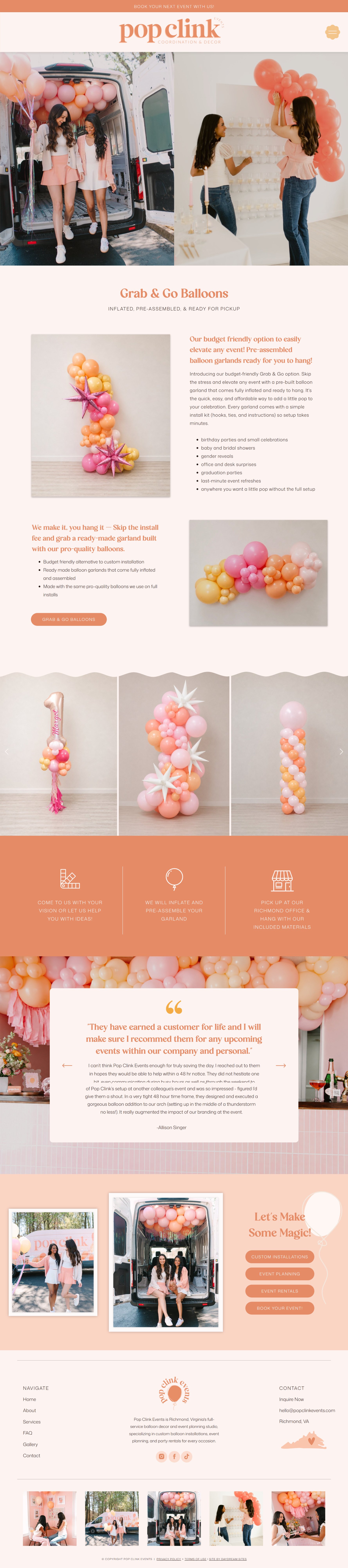 Real grab and go balloons page built for Pop Clink Events, a Richmond VA balloon business, showing how to sell grab and go balloons online