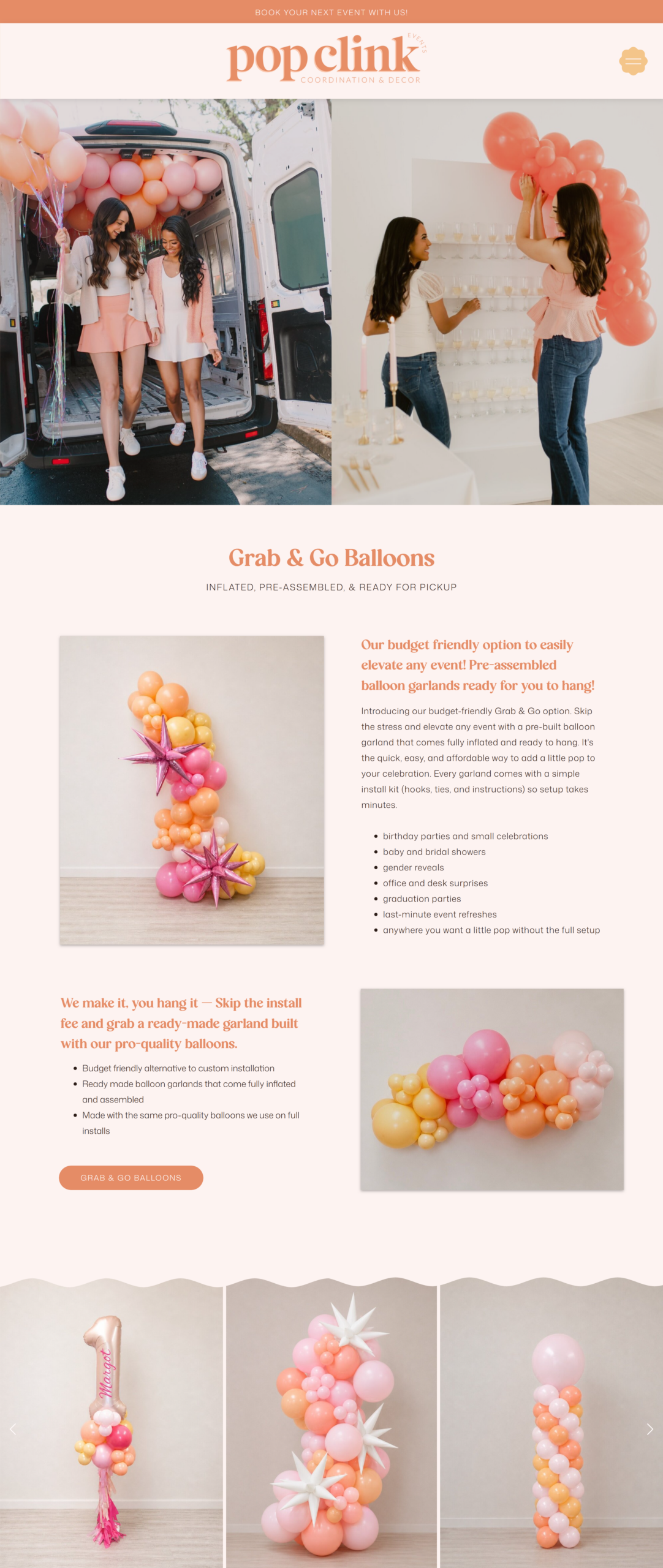 Grab and go balloons button on the Pop Clink Events website homepage linking to their dedicated grab and go page