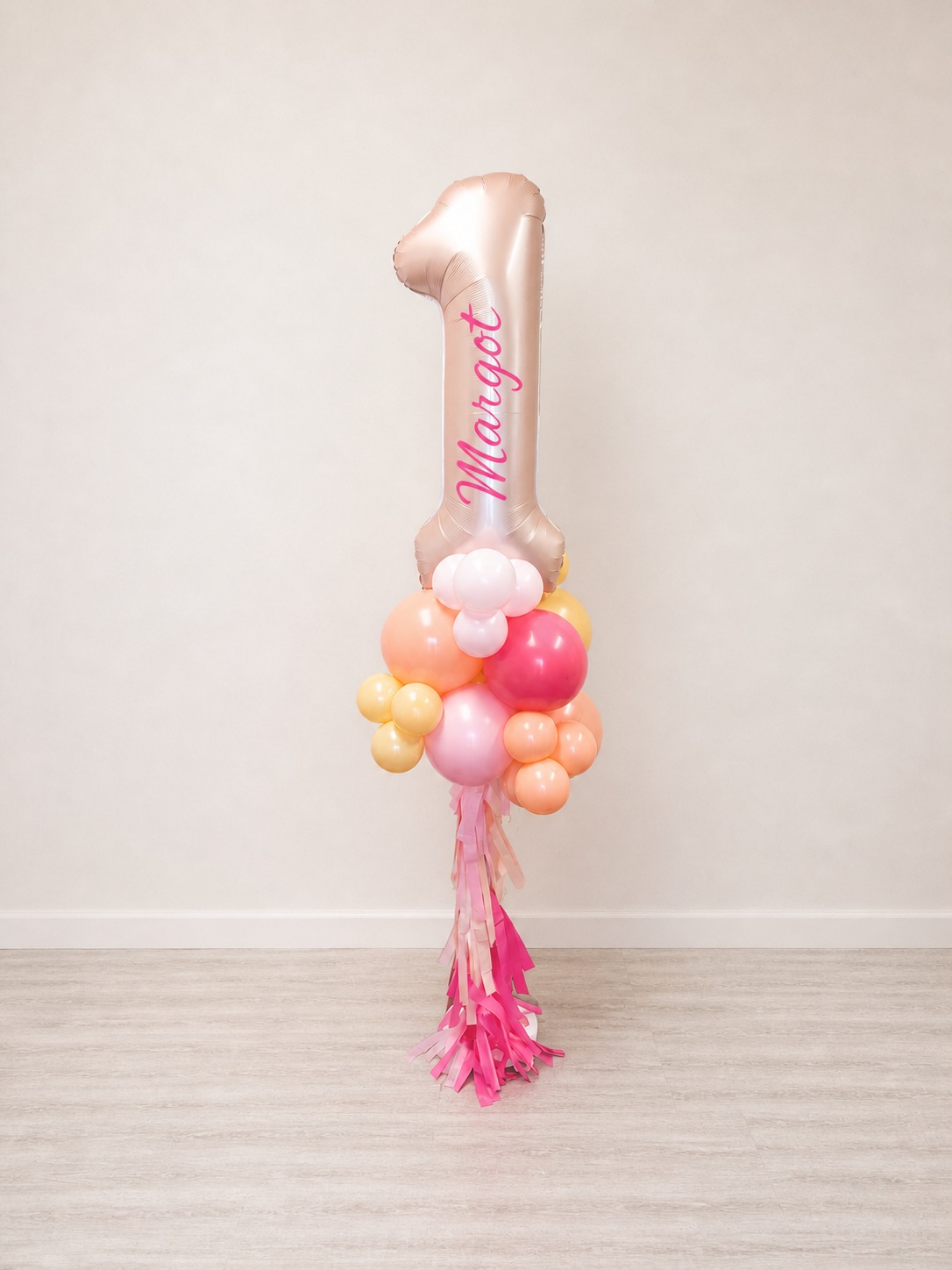 Pop Clink Events custom jumbo helium balloon with name and tassel tail