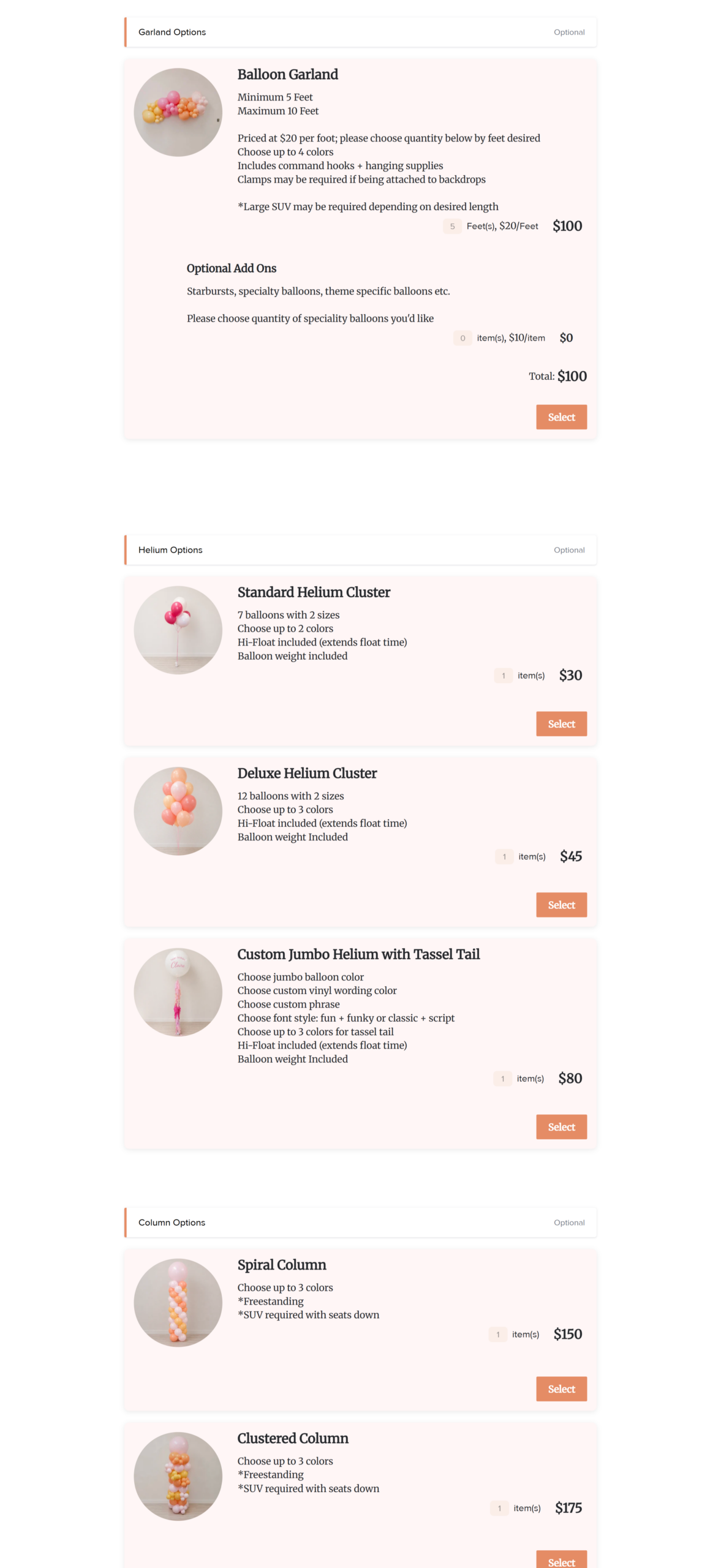Pop Clink Events grab and go order form inside HoneyBook with garland footage, helium clusters, and jumbo balloon add ons priced per item