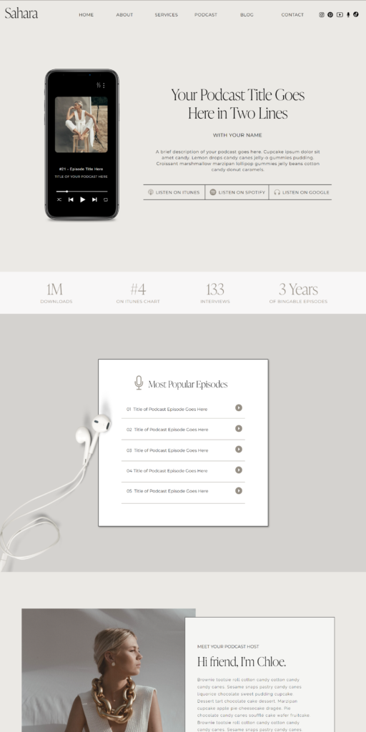 Podcast page from Showit website template. Built by Daydream Sites.