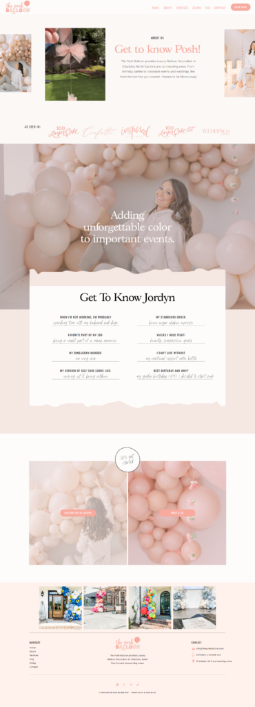 About page - Pink Showit Balloon Business Website