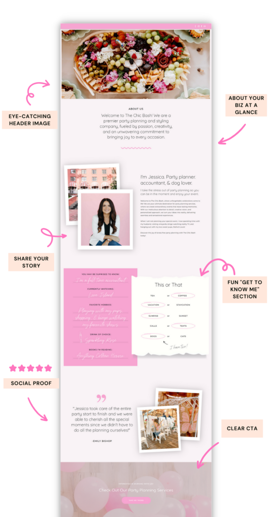 Creative about page built on Showit - fun, pink, creative - Daydream Sites