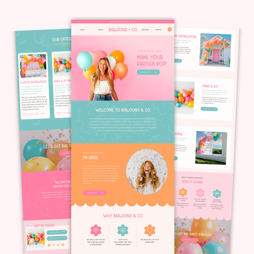 Fun, colorful Showit website template for party planner or balloon business