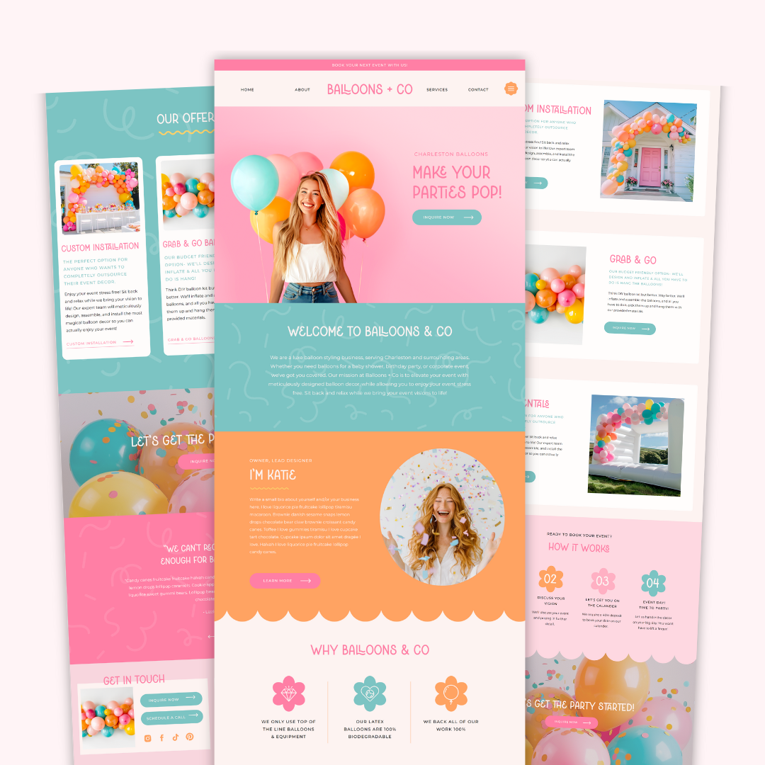 Colorful Showit website templates for event planners and balloon artists