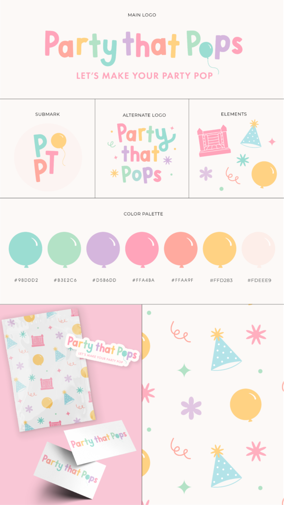 Playful, fun, colorful, and creative logo and branding for party planner or balloon artist
